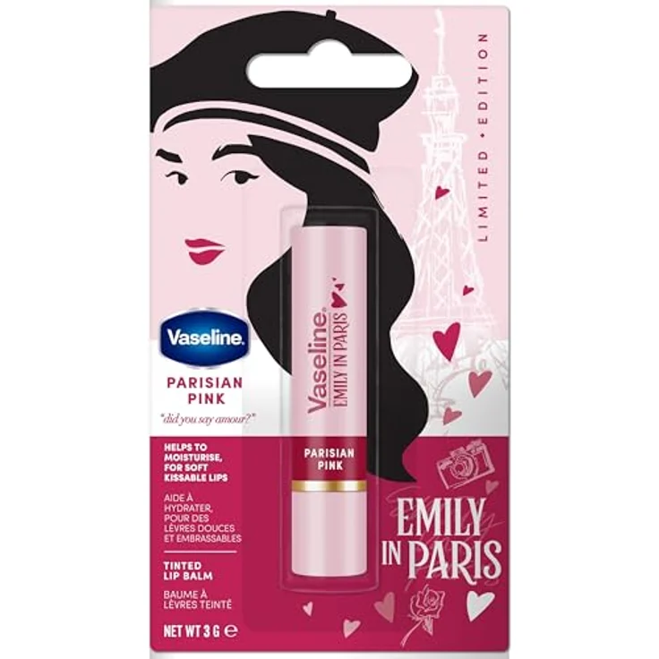 Vaseline Lippenbalsam mit Farbe, Emily Parisian Pink, 3 g, 24-Stunden-Feuchtigkeitsversorgung mit 9% Vaseline, intensives Rosa – Bild 2