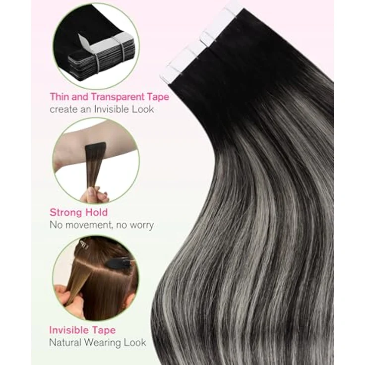 YoungSee Tape in Extensions Echthaar, Ombre Silber #1B/S/1B, 35cm, unsichtbare Tapes für Damen, 50g – Bild 5