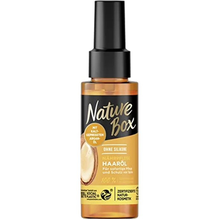 Nature Box Nährpflege-Haaröl (70 ml), Haaröl mit Argan-Öl sorgt für intensive Pflege und schützt vor Spliss, Flasche aus 100 % Social Plastic – Bild 1