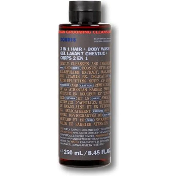 KORRES ATHENIAN GROOMING 2-in-1 Shampoo und Duschgel für Männer, 250 ml, feuchtigkeitsspendend und entwirrend, mit frischer Bergamotte und Leder