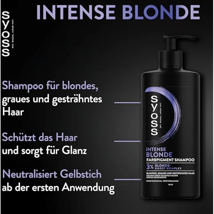 Syoss Shampoo Intense Blond Farbpigment Shampoo, 440 ml, neutralisiert Gelbstich, mit 3% Blonde-Boost-Komplex für blondes, graues und gesträhntes Haar – Bild 4