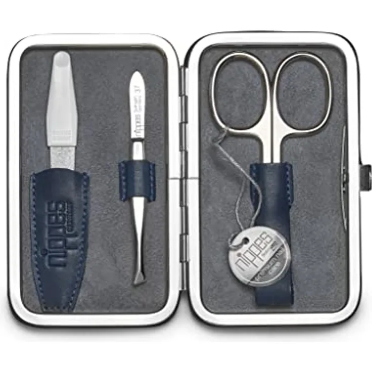 nippes Solingen Maniküre Set Vintage, 3-teilig, Antik Rindsleder Nagelset mit Rahmen, weiches Wildleder innen, Made in Germany, Nagelpflege Set mit Nagelschere, Pinzette und Nagelfeile, vernickelt