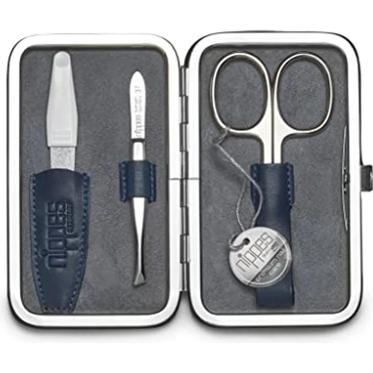 nippes Solingen Maniküre Set Vintage, 3-teilig, Antik Rindsleder Nagelset mit Rahmen, weiches Wildleder innen, Made in Germany, Nagelpflege Set mit Nagelschere, Pinzette und Nagelfeile, vernickelt – Bild 1