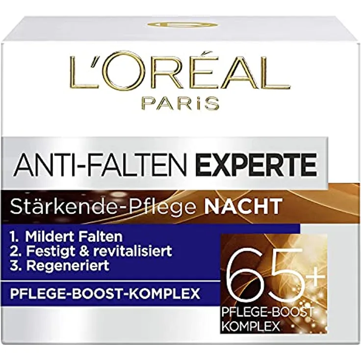 L'Oréal Paris Anti-Falten Experte Nachtcreme 65+ 50ml, Vitamin B3 und Vitamin E, Festigt und revitalisiert die Haut