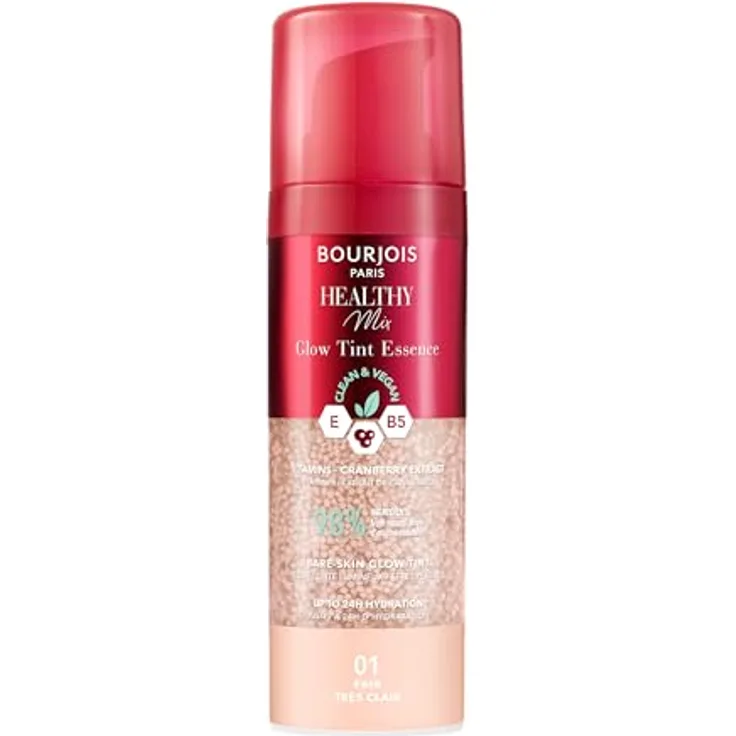 Bourjois Healthy Mix 01 Fair, Glow Tint Essence, Filter-Effekt für nackte Haut, strahlendes Finish, feuchtigkeitsspendende Farbe, erfrischende Textur, vegane und cleane Formel, 30 ml, Foundation