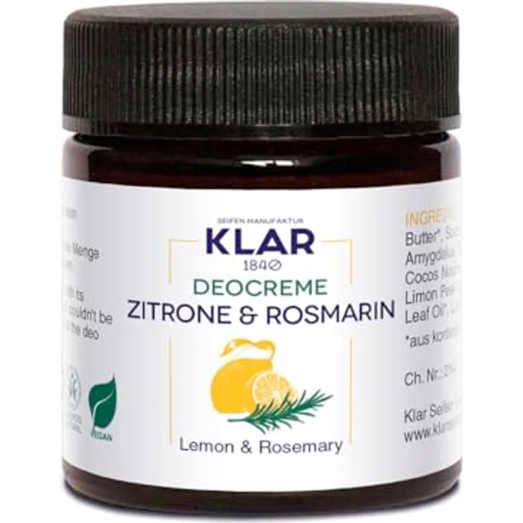 Klar Seifen Deocreme Zitrone & Rosmarin, 30ml, Geruchsneutralisierend und Pflegend, Schweiß-verhindernd, Deo 11671