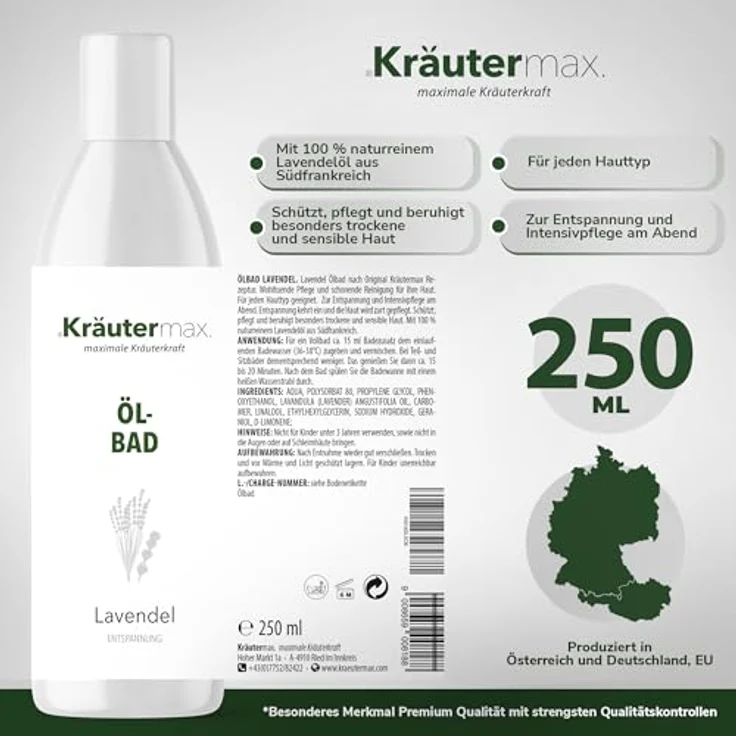 Kräutermax Lavendel Ölbad, Badezusatz für Entspannungsbad mit 100 % naturreinem Lavendelöl, 250 ml – Bild 4