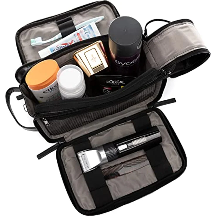 SID & VAIN Kulturtasche Louis Herren echt Leder schwarz handgefertigt - Premium Kulturbeutel mit elegantem Anilin-Leder und durchdachtem Design – Bild 3