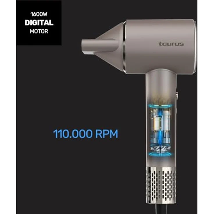 Taurus Digitaler Haartrockner Force Protect, 1600 W, Ionic Care, 10 Geschwindigkeits- und Temperaturstufen, Oscillating Temp Protect, mit Zubehör – Bild 2