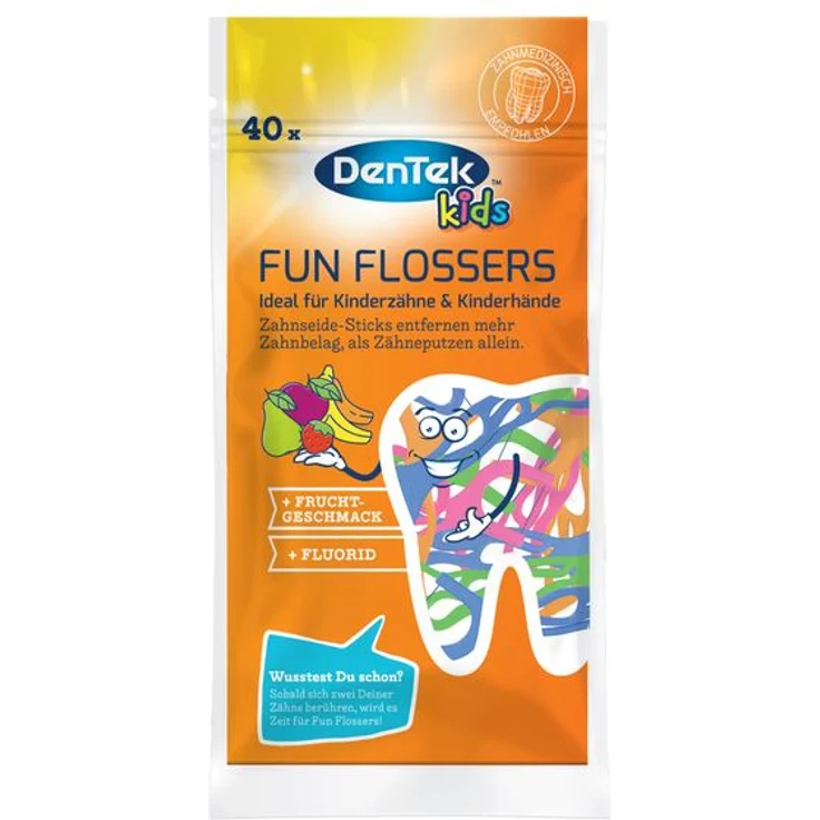 Dentek Fun Flossers Kids - Zahnseide-Sticks speziell für Kinder - mit Fruchtgeschmack - rutschfester Griff - bunte Farben 40 Stück – Bild 1