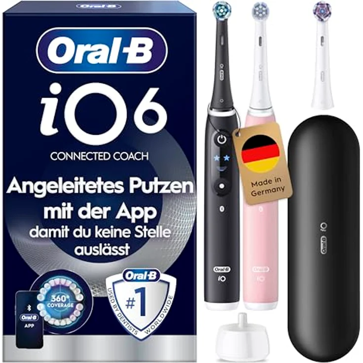 Oral-B iO Series 6, Elektrische Zahnbürste im Doppelpack mit 3 Aufsteckbürsten, Reise-Etui, 5 Putzmodi, Schwarz-Rosa, Designed by Braun – Bild 1