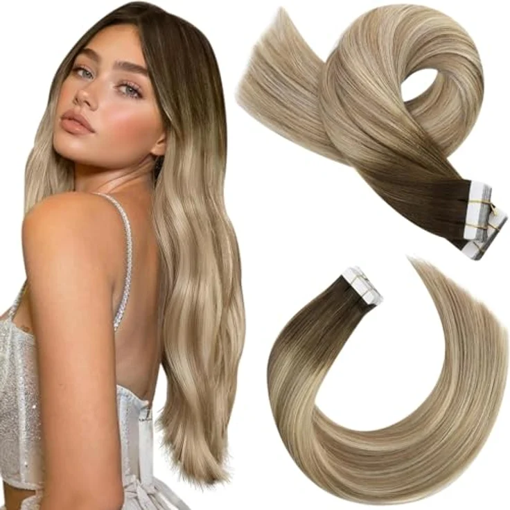 Moresoo Tape in Extensions Echthaar Ombre Braun bis Hellbraun mit Goldblond, 50g, 35 cm, Remy Invisible Tapes – Bild 1