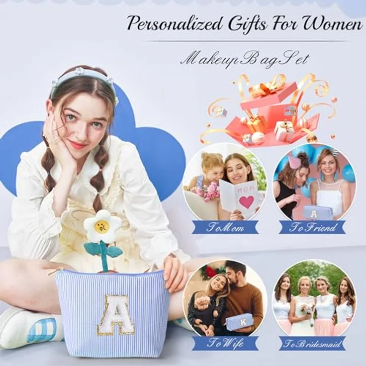Parima Kosmetiktasche mit Buchstaben V, große und kleine Beauty Cases in Blau, personalisierte Geschenke für Damen und Mädchen – Bild 3