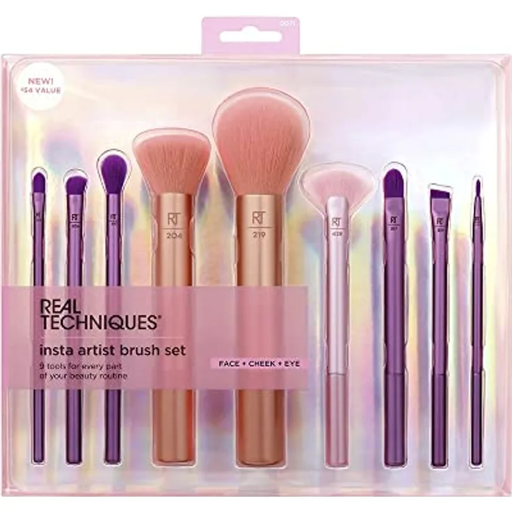 Real Techniques Insta Künstlerpinsel-Set, Gesichts-, Wangen- und Augenpinsel-Set, Make-up-Pinsel-Set, für Foundation, Rouge, Bronzer, Concealer und Lidschatten, professionelle Qualität, 9-teiliges Set