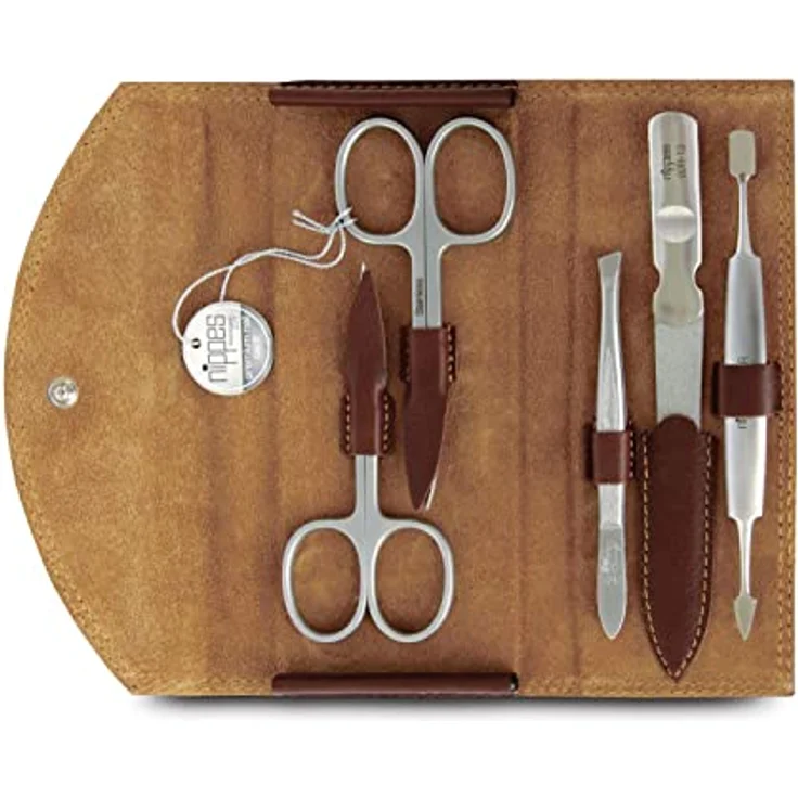 Nippes Classic Maniküre-Set braun, inkl. Hautschere, Nagelschere, Saphirfeile, Pinzette & Doppelinstrument, aus rostfreiem Stahl, Rindleder-Etui – Bild 2