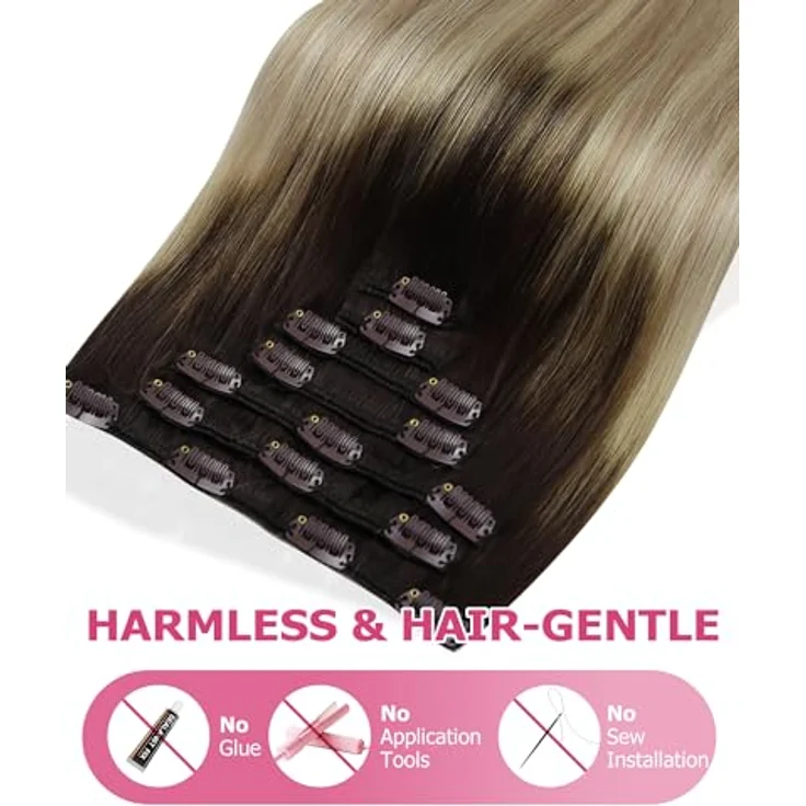 YoungSee Echthaar Extensions Clip Balayage 35cm, 120g Remy Echthaar in Braun Blond, 7 Clip in Haarverlängerungen für volles Volumen – Bild 5