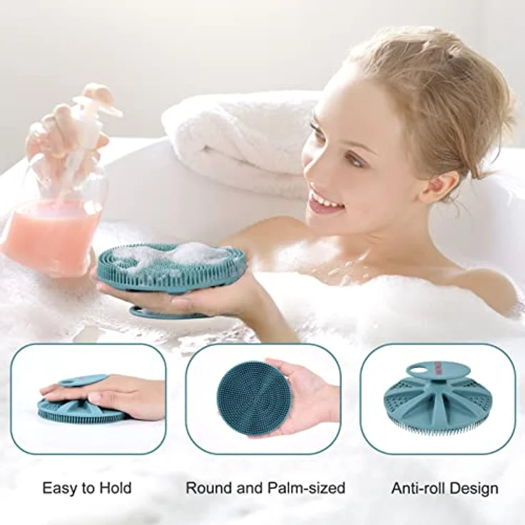 INNERNEED Körperschrubber aus weichem Silikon, Duschbürste mit sanftem Peeling und ergonomischem Griff, Set Dunkelgrün+Pink – Bild 3