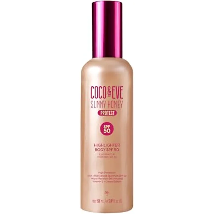 Coco & Eve Highlighter Body SPF 50, 150ml, mit sofortigem Bronzing-Effekt und tropischem Mango-Duft