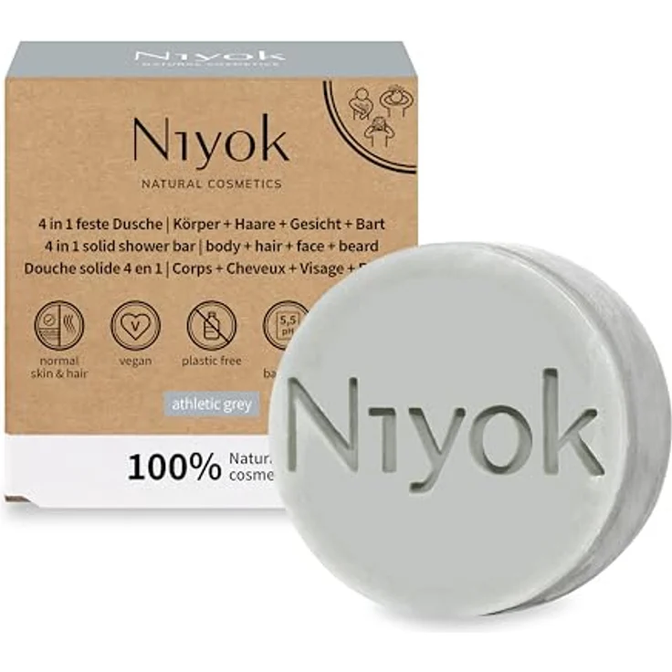 Niyok® 4-in-1 Feste Dusche "Athletic Grey" (80g) • Nachhaltige All-in-One Körperpflege – Bild 1