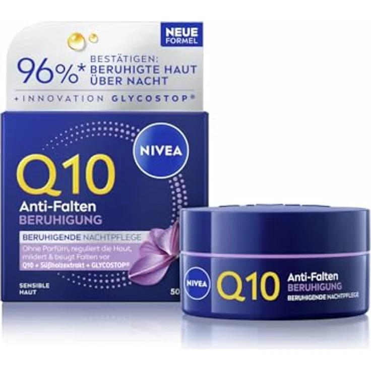 NIVEA Q10 Anti-Falten Power Sensitive Nachtpflege, 50ml, parfümfrei, für empfindliche Haut mit Q10 und Süßholzextrakt – Bild 1