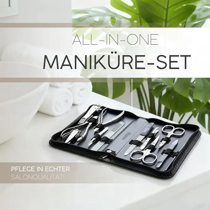 marQus Solingen Maniküre Set 12-teilig, Kunstleder Etui in Carbon mit Nagelpflegewerkzeugen für Hand- und Fußpflege, Made in Germany – Bild 2