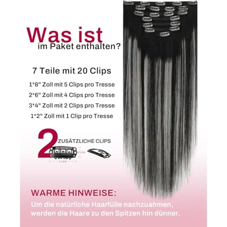 Moresoo Echthaar Extensions Clip in, 45 cm, 7 Stück, 120g, seidig und leicht zu tragen – Bild 3