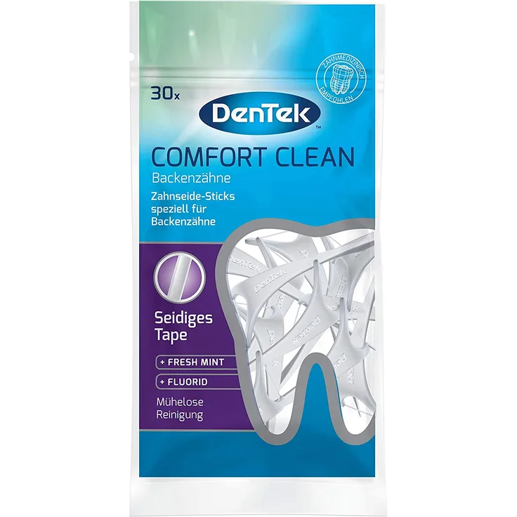 1 x 30 Stk. Dentek Comfort Clean Zahnseide Sticks speziell für Backenzähne - Zahnreinigung der hinteren Zahnzwischenräume - Minzgeschmack - Fluorid - Zahnstocher Zahnseide/Flosser