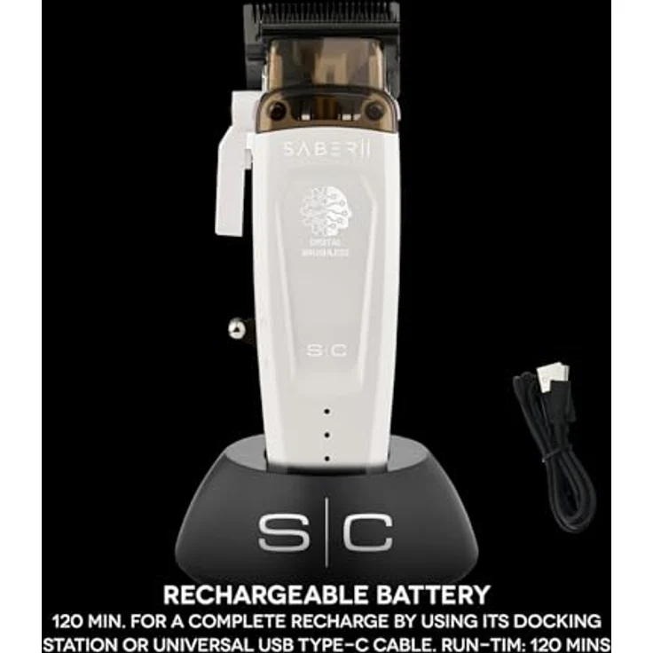 Stylecraft Saber 2.0 Professioneller Clippert, Herren-Haarschneider mit bürstenlosem EON-Motor, verstellbarer Klinge, 120 Minuten kabellose Laufzeit, Metallgehäuse, USB-Kabel Typ C (weiß) – Bild 5