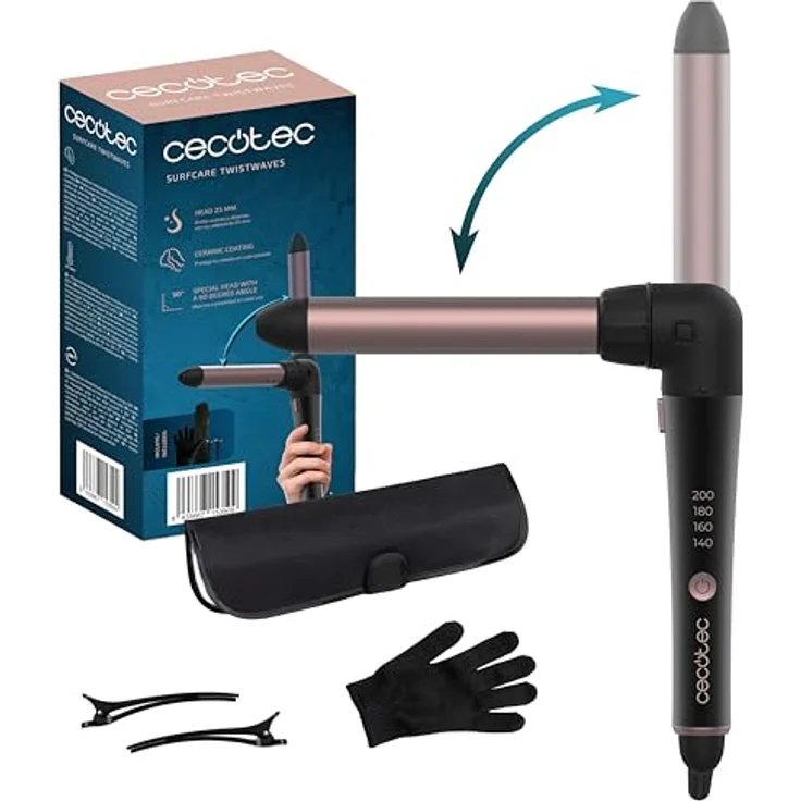 Cecotec SurfCare TwistWaves, Handbetriebener Lockenstab mit 25 mm Durchmesser, 90-Grad-Bogen, 43W, inklusive thermischem Handschuh, Tasche und 2 Clips – Bild 1
