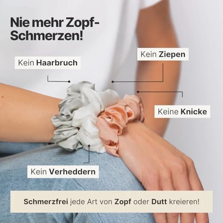 IMPERIO Seiden Scrunchies, 3er Set in Geschenkbox, 100% Maulbeerseide 22 Momme, haarschonend, Unique Farbset (weiß, dunkelrosa, hellgrau/silber) – Bild 4