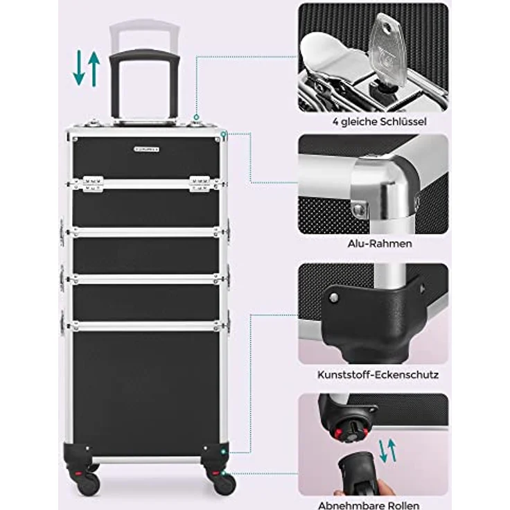 SONGMICS Kosmetikkoffer, Trolley, 4-in-1 Schminkkoffer, groß, abschließbar, 360° drehbare Rollen, für Reisen, Geschenkidee, schwarz JHZ11BK – Bild 4