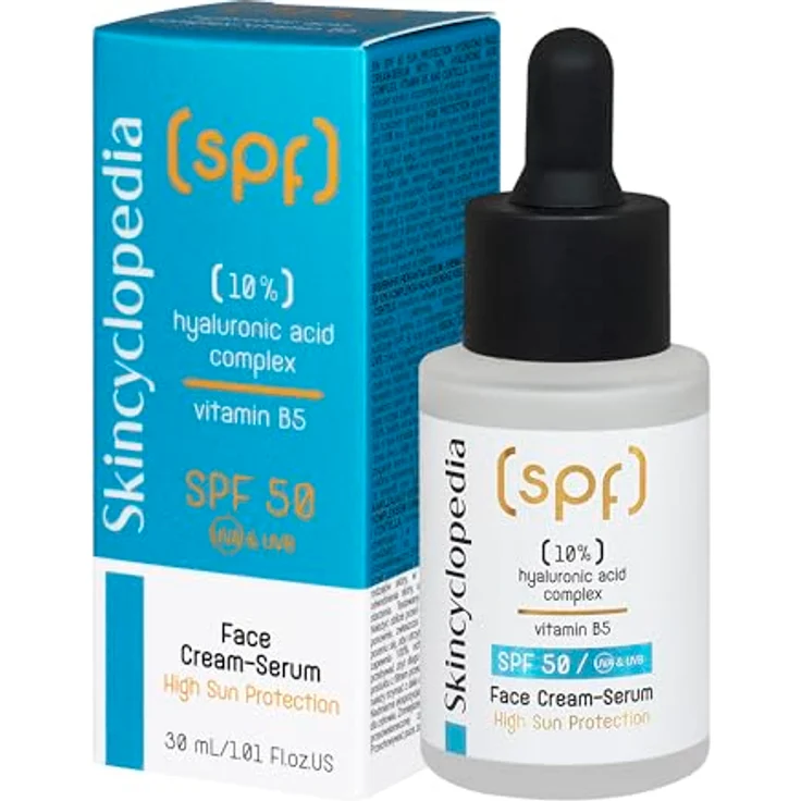 Skincyclopedia Sonnenschutz Hyaluron Serum, LSF 50 Gesichtsserum mit 10% Hyaluron-Komplex und Vitamin B5, Face Sun Protection with SPF 50, UVA und UVB, Sonnenschutz mit hohem Breitspektrumschutz, 30ml – Bild 1