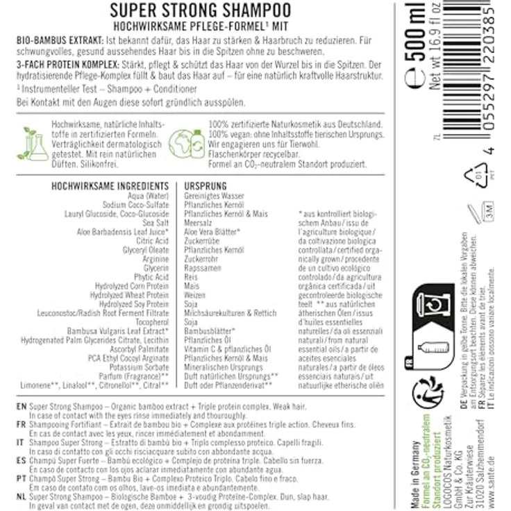 Sante Naturkosmetik Super Strong Shampoo Bio-Bambus Extrakt + 3-Fach Protein Komplex, stärkt kraftloses und schwaches Haar, 500 ml – Bild 2