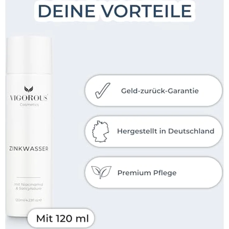 VIGOROUS® Zink Gesichtswasser 120ml, Anti-Pickel Gesichtsreinigung mit Salicylsäure & Niacinamid, Vegan gegen hormonelle Akne, für Männer & Frauen – Bild 4
