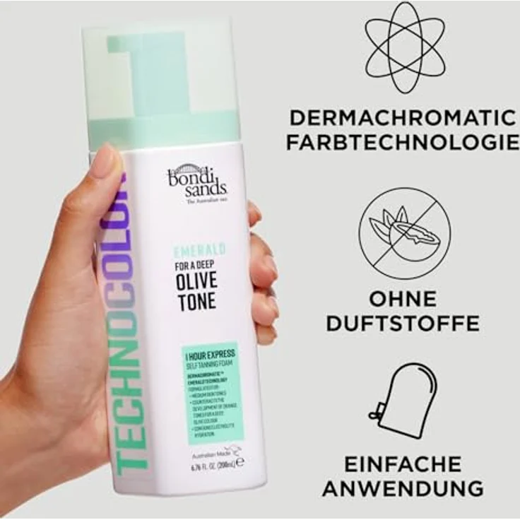 Bondi Sands Technocolor Emerald Selbstbräunungsschaum, Farbton Golden Olive Bronze, 200 ml, schnell einziehend mit natürlichem Bräunungseffekt und feuchtigkeitsspendend – Bild 2