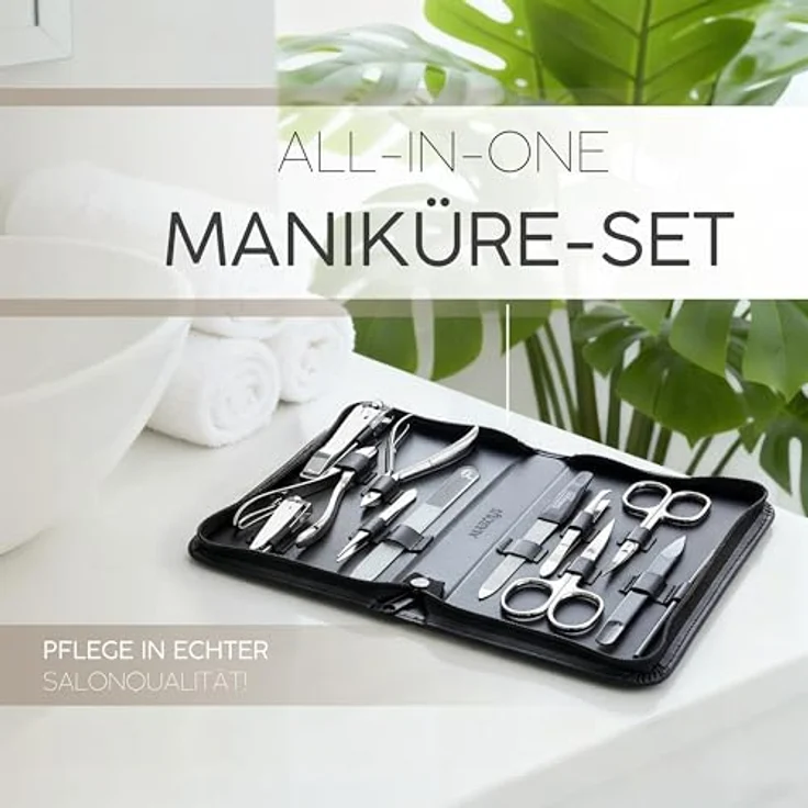 marQus Solingen Maniküre Pediküre Set, 12-teiliges Kit in echtem Leder Etui, schwarz, inklusive Nagelschere, Hautschere, Glasfeile und mehr für professionelle Hand- und Fußpflege – Bild 2