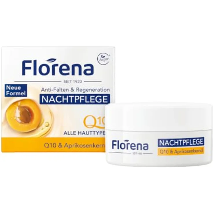 Florena Nachtpflege Q10 & Aprikosenkernöl, 50 ml, für alle Hauttypen, anti-aging mit feuchtigkeitsspendender Wirkung