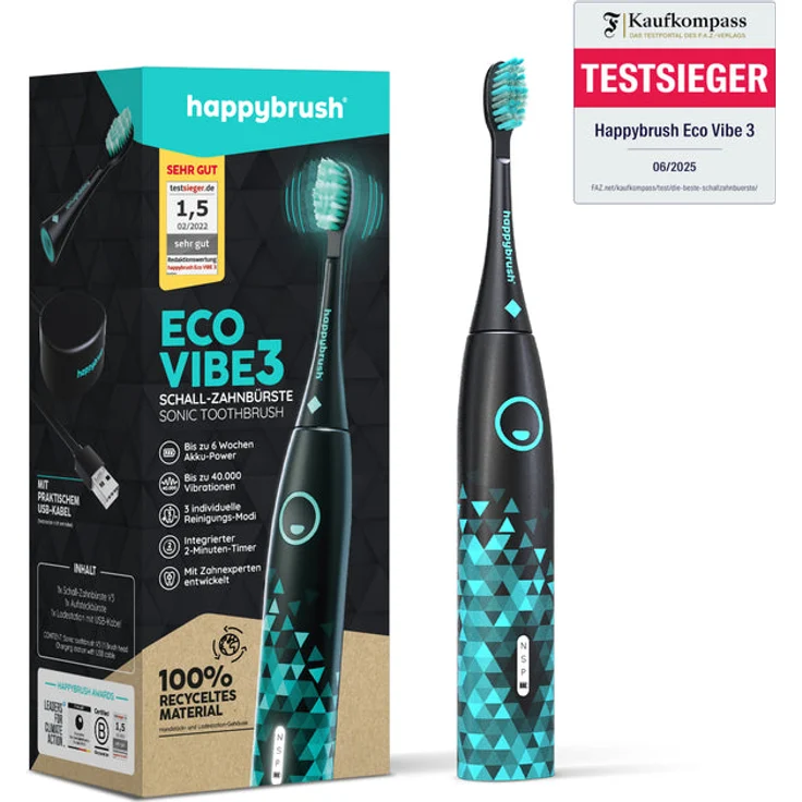 happybrush Elektrische Schall-Zahnbürste Eco VIBE 3 - Nachhaltige Zahnbürste mit 6 Wochen Power-Akku - Schwarz – Bild 1