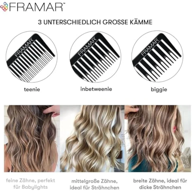 FRAMAR Strähnenkamm Set Schwarz – 3-teiliges Haarkämmerset mit antistatischer Beschichtung und Edelstahlspitze für präzise Strähnchenblondierung – Bild 2