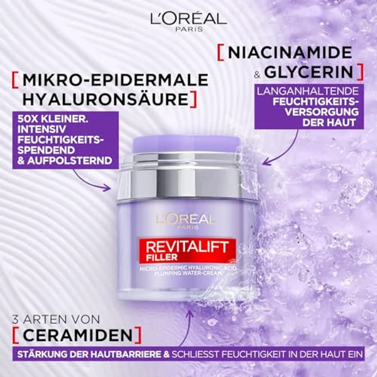 L'Oréal Paris Revitalift Filler Aufpolsternde Gel-Creme, 50ml - Hyaluronsäure, Niacinamide, Glycerin, Ceramide – Bild 3