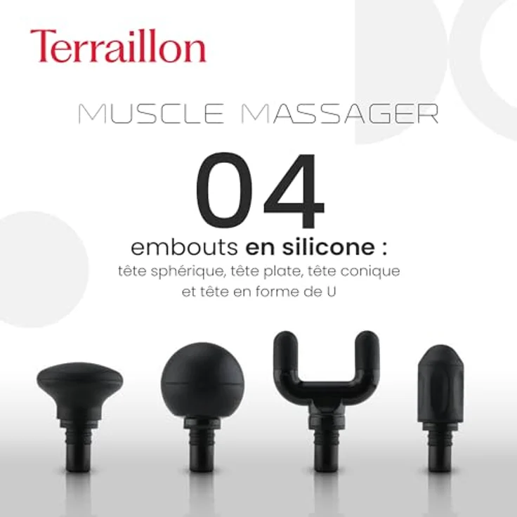 Terraillon Muscle Massager, Massagepistole mit 3 Stufen, 120 Min Laufzeit, vier Massageköpfe – Bild 2