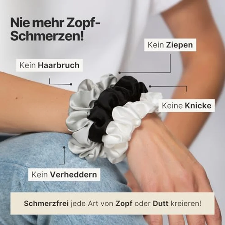 IMPERIO Seiden Scrunchies, 3er Set in Geschenkbox, 100% Maulbeerseide, 22 Momme Qualität, Classic (schwarz, weiß, hellgrau/silber) – Bild 4