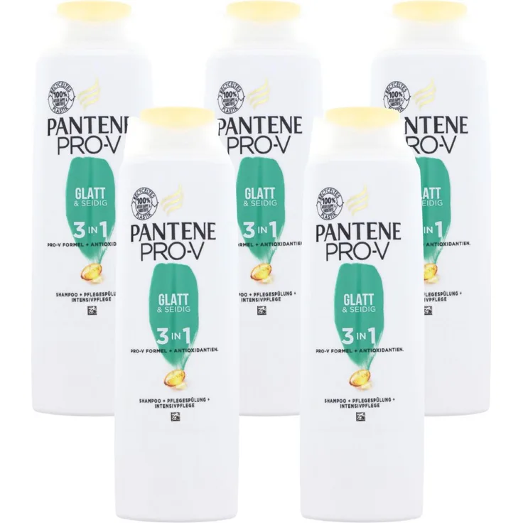 Pantene Pro-V Glatt & Seidig 3-in-1, 5er Pack je 250ml Shampoo, Conditioner & Pflege für geschmeidiges und glänzendes Haar, ohne Silikone & Farbstoffe