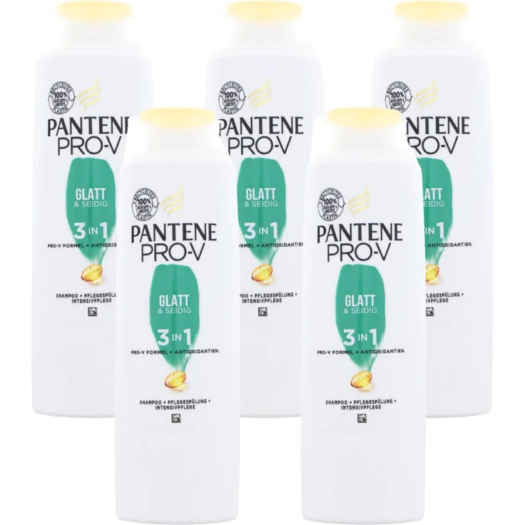 Pantene Pro-V Glatt & Seidig 3-in-1, 5er Pack je 250ml Shampoo, Conditioner & Pflege für geschmeidiges und glänzendes Haar, ohne Silikone & Farbstoffe