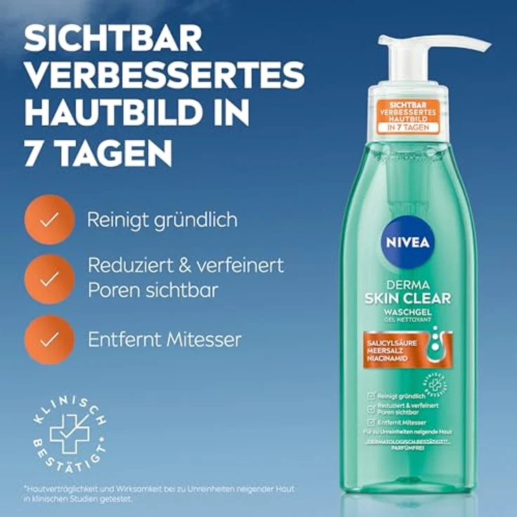 NIVEA Derma Skin Clear Waschgel, Cleanser für unreine Haut mit Salicylsäure und Niacinamid, 150 ml, vegan, dermatologisch getestet – Bild 2