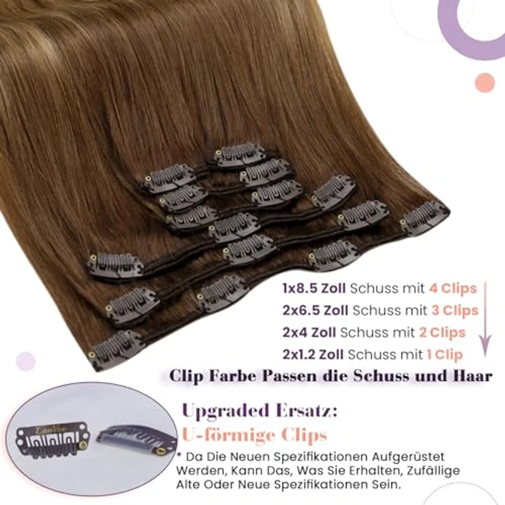 LaaVoo Echthaar Extensions Clip Aschiges Hellbraun mit Beigenuancen, 35cm, 120g, 7 Stück, glattes Remy Echthaar, silikonbeschichtete Clips – Bild 2