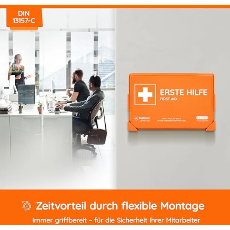 FLEXEO Erste-Hilfe-Koffer DIN 13157, Betriebsverbandkasten mit Wandhalterung, bruchsicher, orange – Bild 3