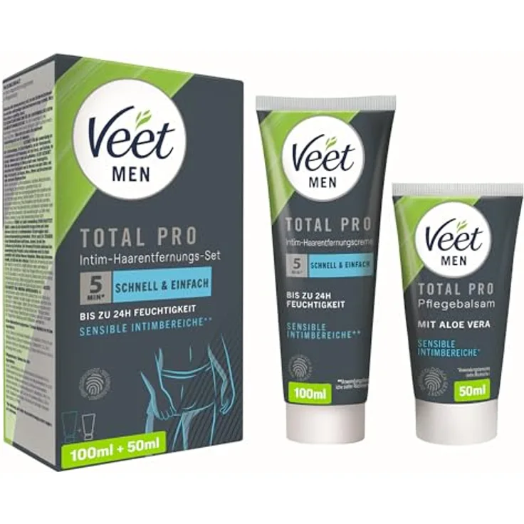 Veet MEN Intim-Haarentfernungs-Set, Enthaarungscreme (100 ml) & Pflegebalsam (50 ml), schnell & einfach, dermatologisch getestet