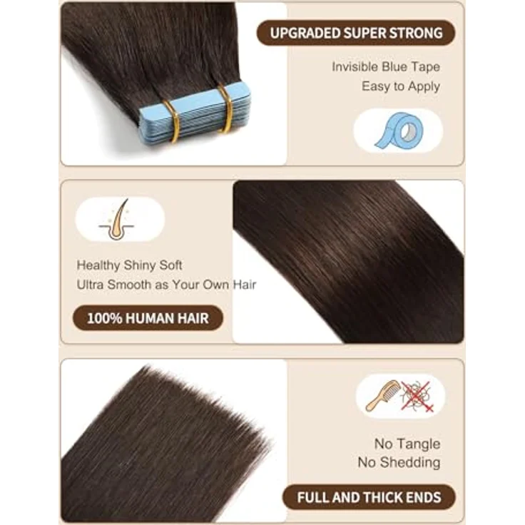 YILITE Tape in Extensions Echthaar 45cm #2 Dunkel Braun, Nahtlos, 20 Stück, 50g, 2-3 Monate haltbar – Bild 2
