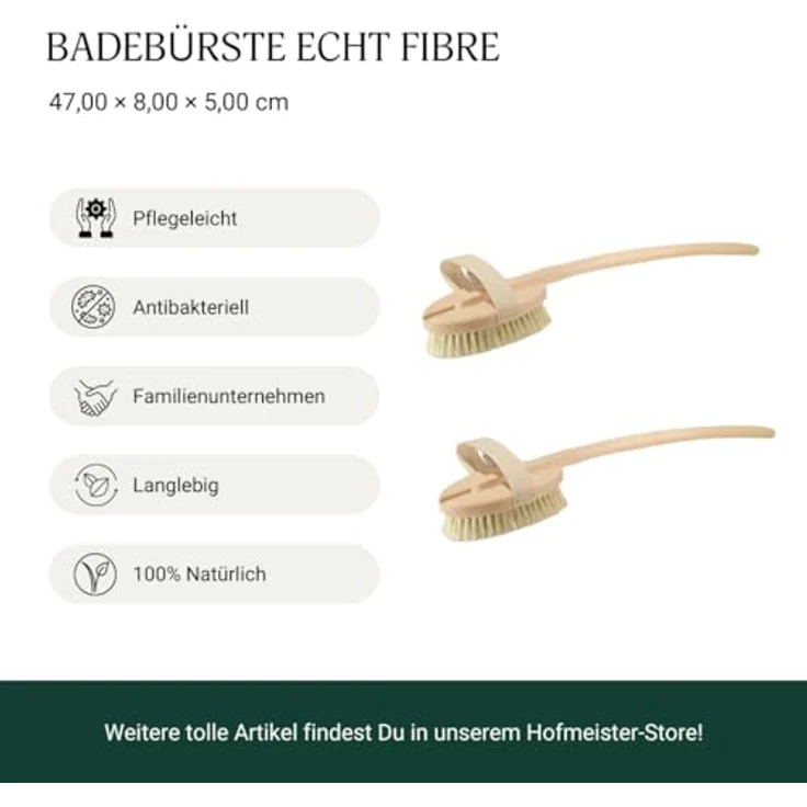 Hofmeister Badebürste 47 cm, Körperbürste mit Fibre-Naturborsten, abnehmbarer Stiel, Handschlaufe, geeignet für sanfte Reinigung und Massage des Rückens – Bild 3